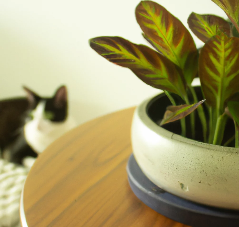 Miniature Maranta plant with a happy cat
