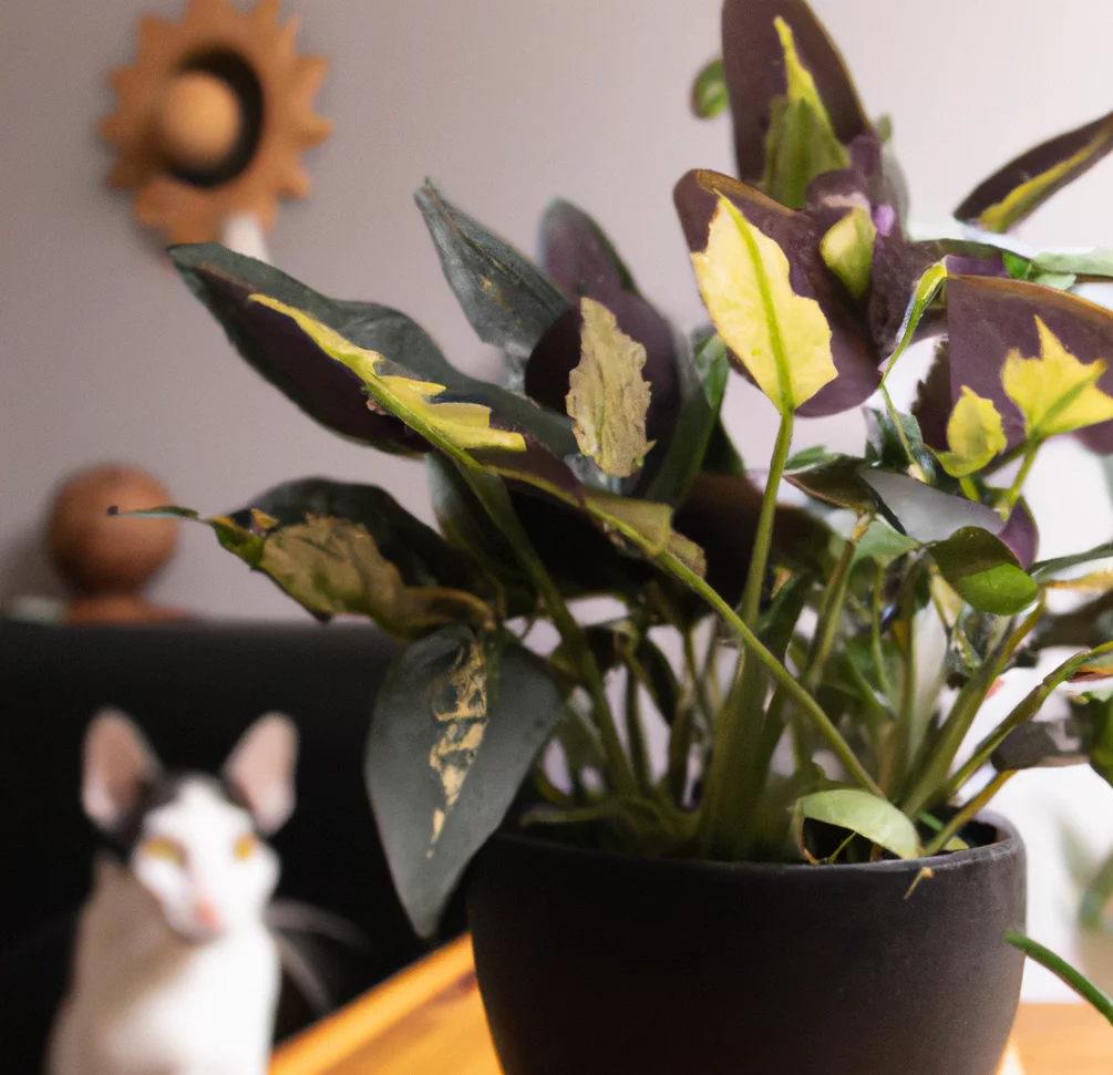 Miniature Maranta with a happy cat