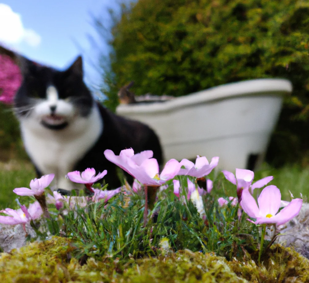 Moss Campion plant with a happy cat