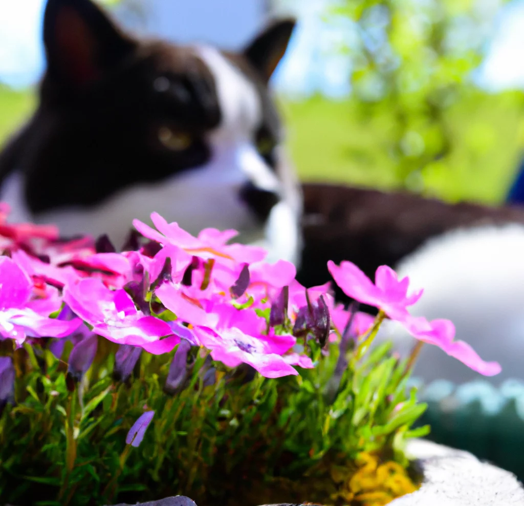 Moss Phlox plant and a cat in the background