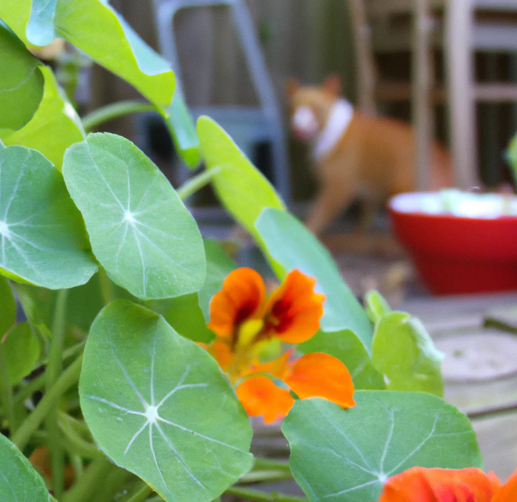 Nasturtium plant with a happy cat