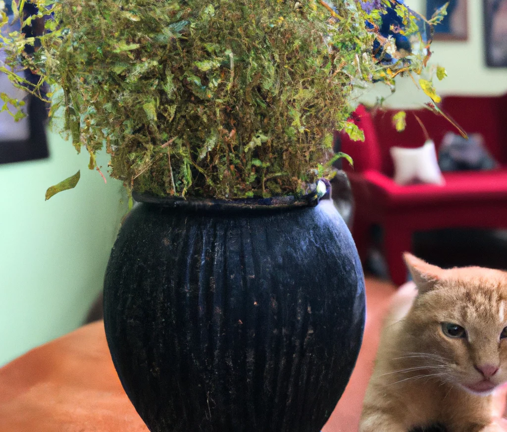 Paddy’s Wig plant in a vase and a cat