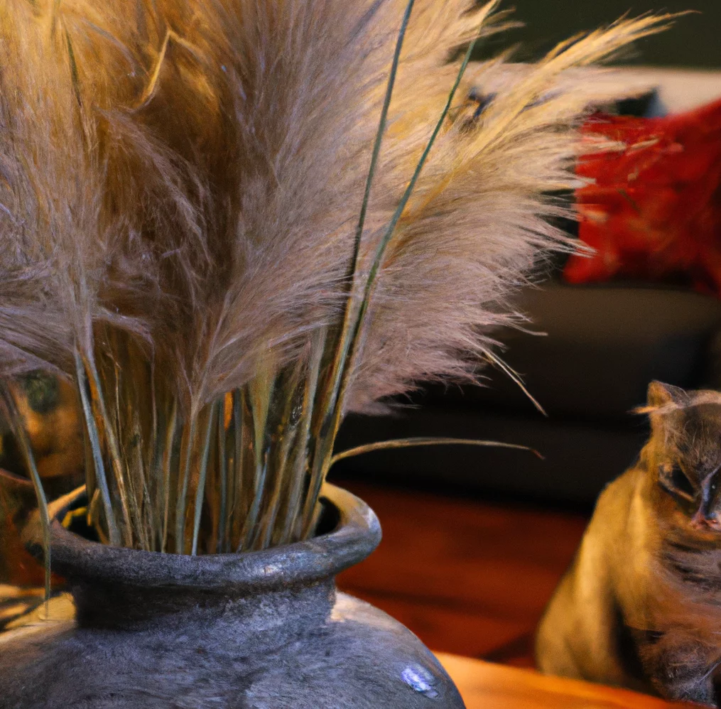 Pampas Grass in a vase with a cat