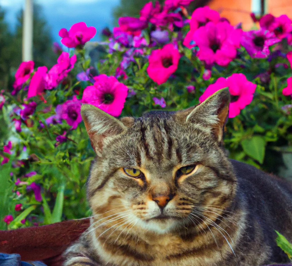 Petunias with a cat nearby