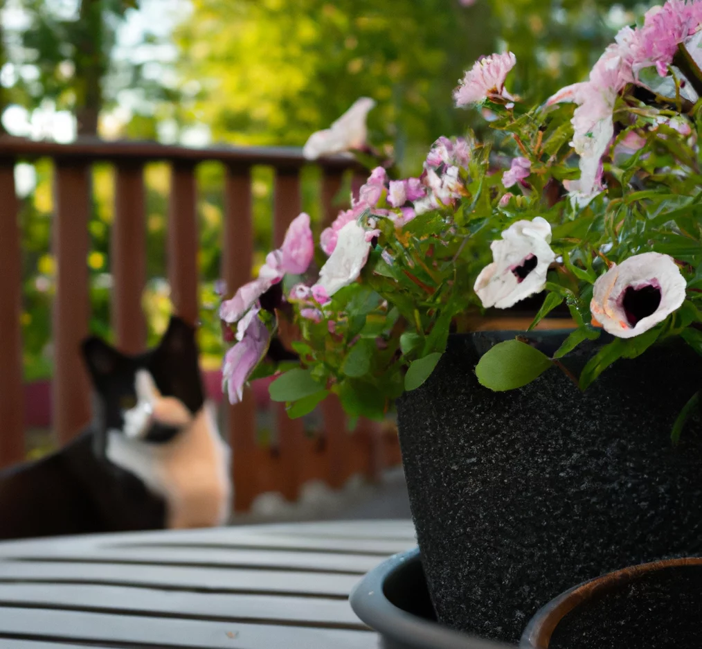 Petunias with a happy cat in the background