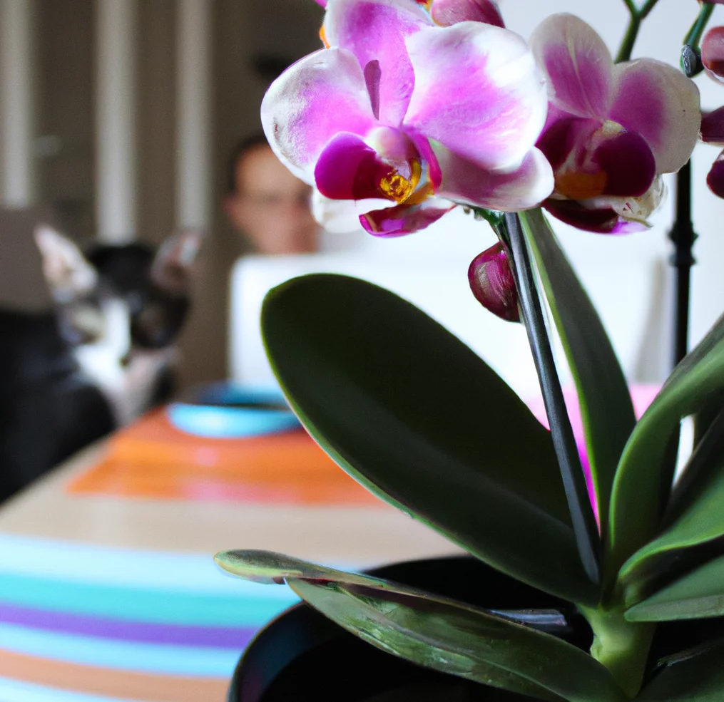 Phalaenopsis Orchid plant in a pot with a cat