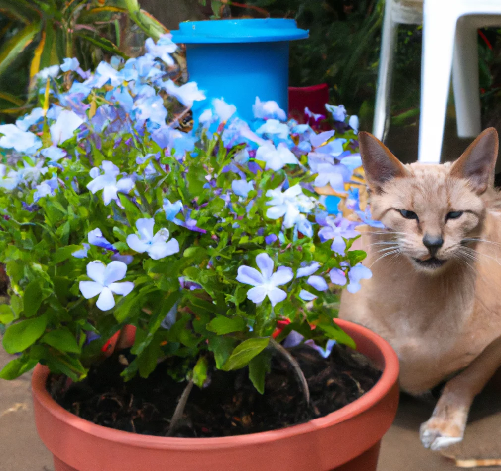 'Plumbago Larpentiae' plant with a cat in the background