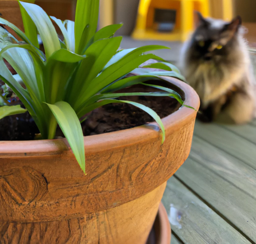 Prairie Lily plant in a pot with a cat