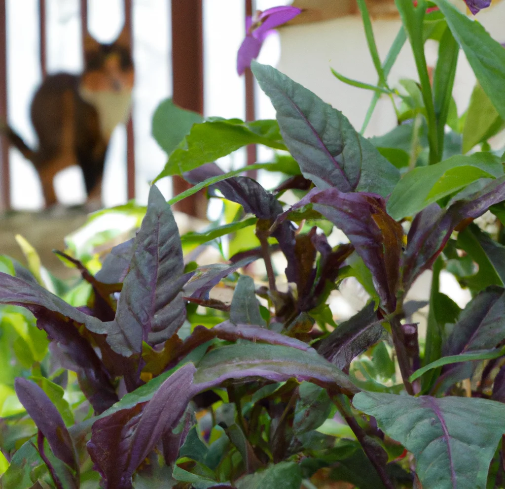 Purple passion vine and a cat in the garden