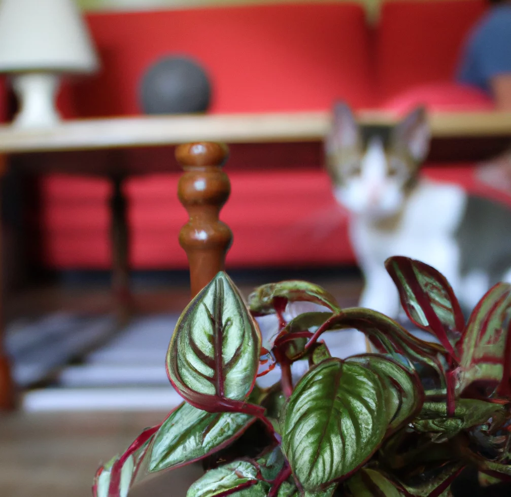 Red Edge Peperomia with a curious cat nearby