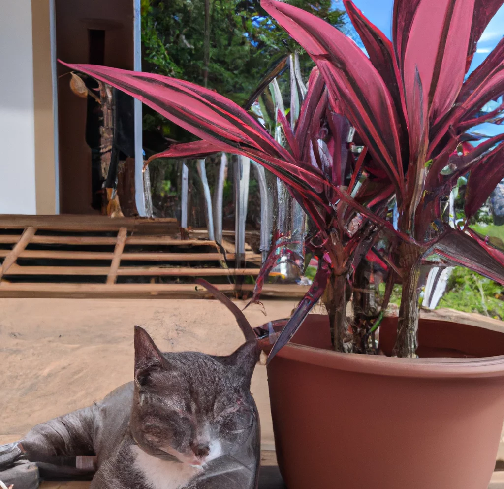 Red Palm Lily near a sleeping cat