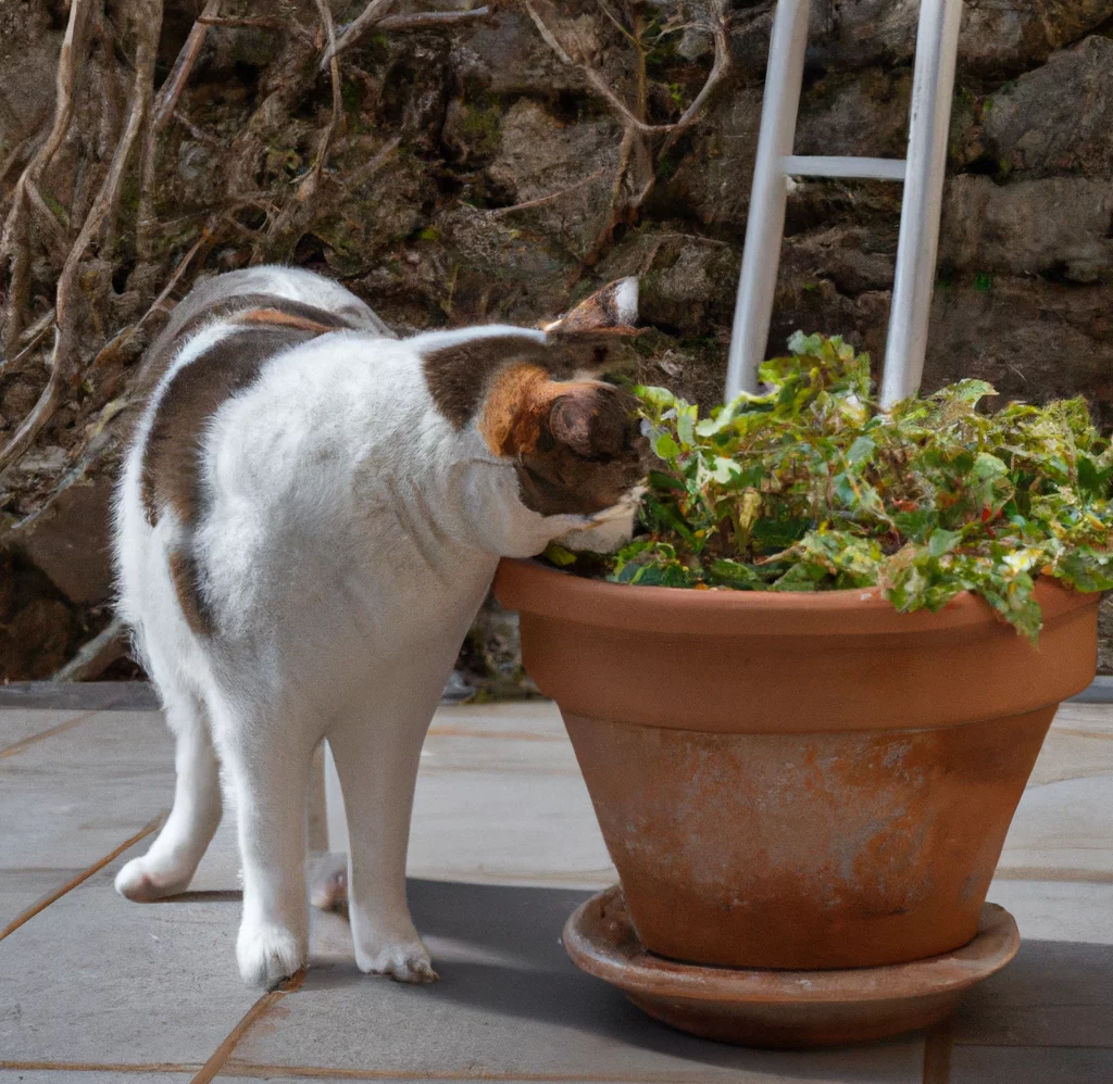 Satin Pellionia with a cat sniffing it