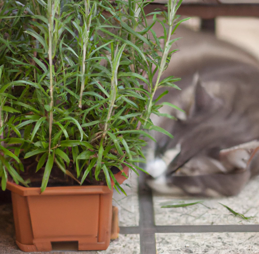 Sleeping cat lies near rosemary plant