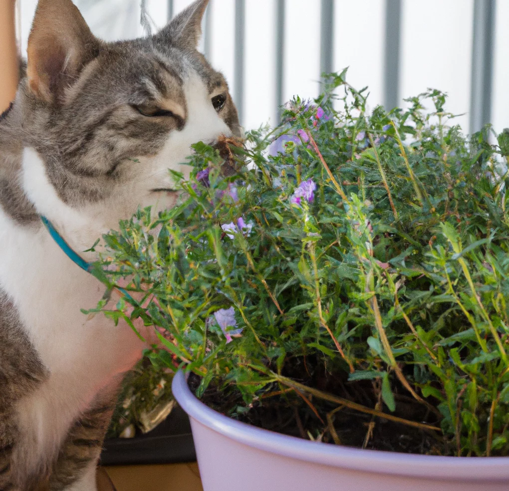 Winter Savory with a happy cat sniffing it