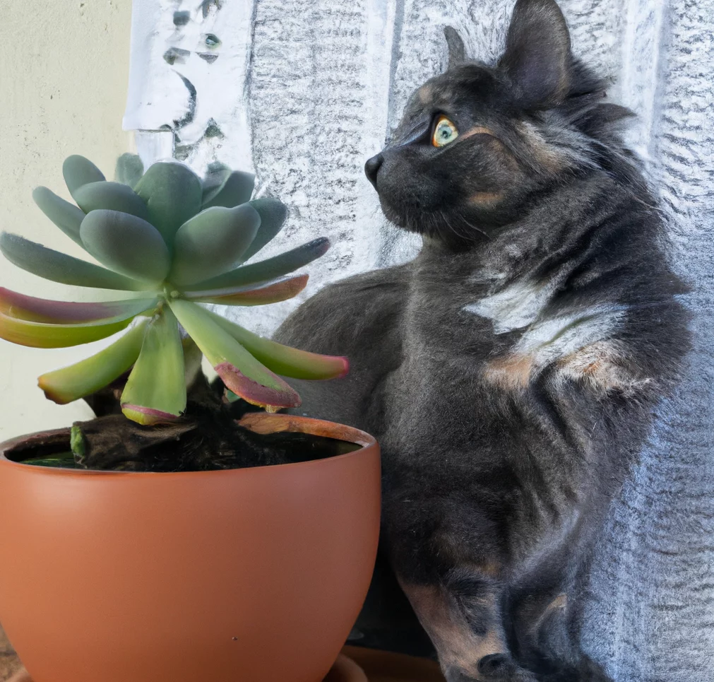 plush plant in a pot with a cat nearby