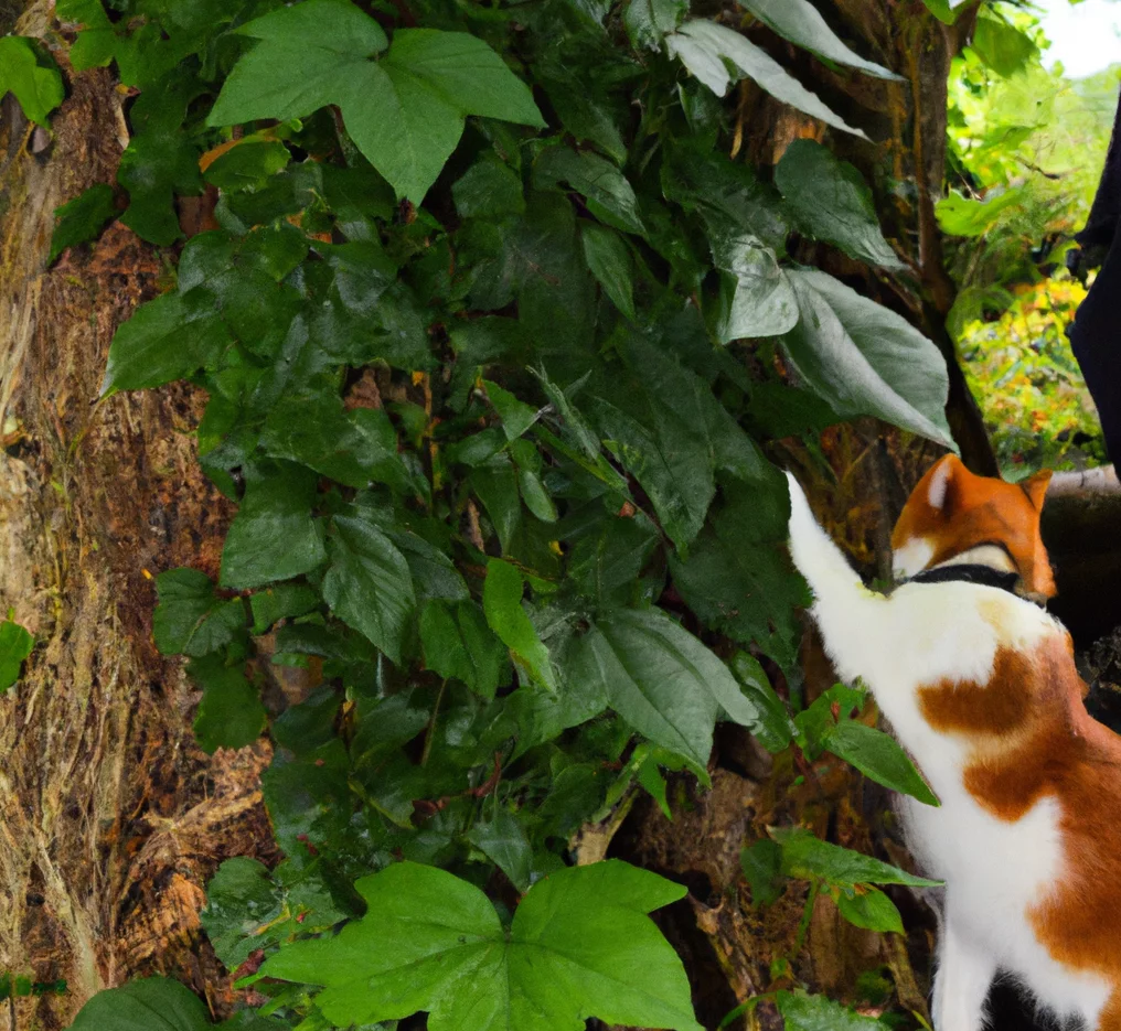 poison ivy plant on a tree with a cat nearby