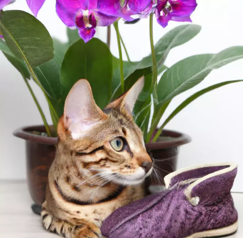 Cat near Violet Slipper Gloxinia