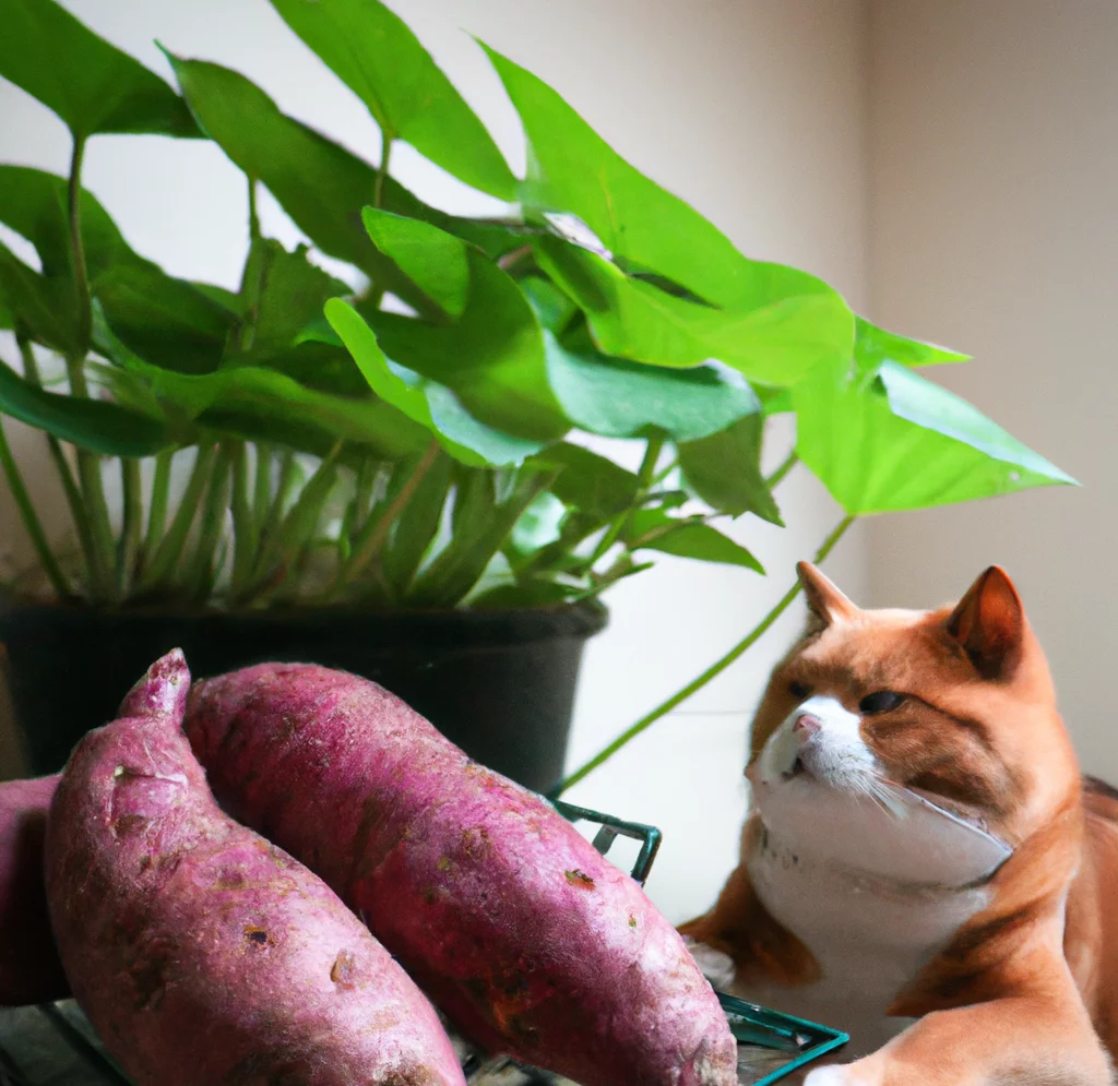 Cat sits near Sweet Potato