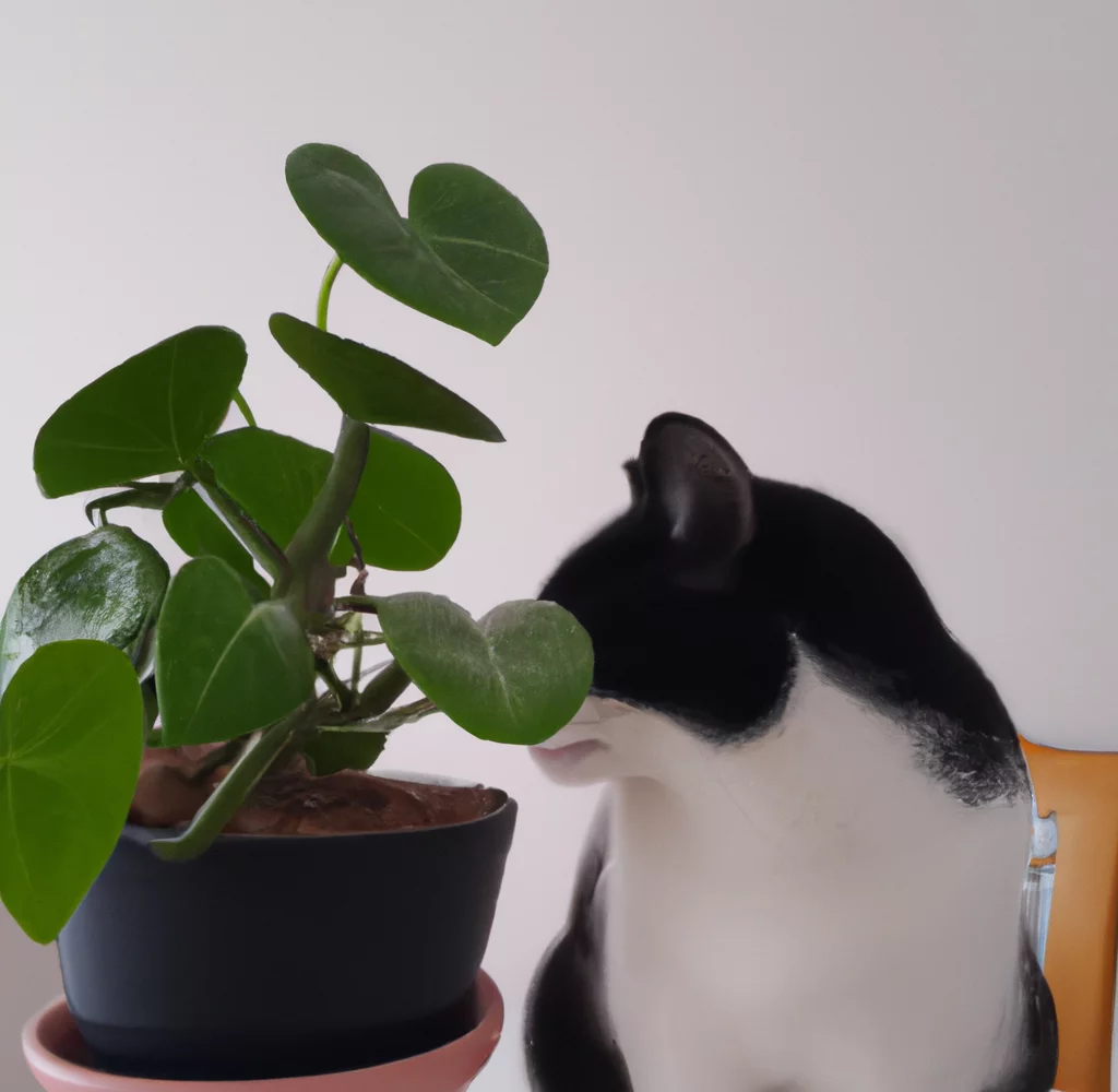 Cat sits near Sweetheart Hoya