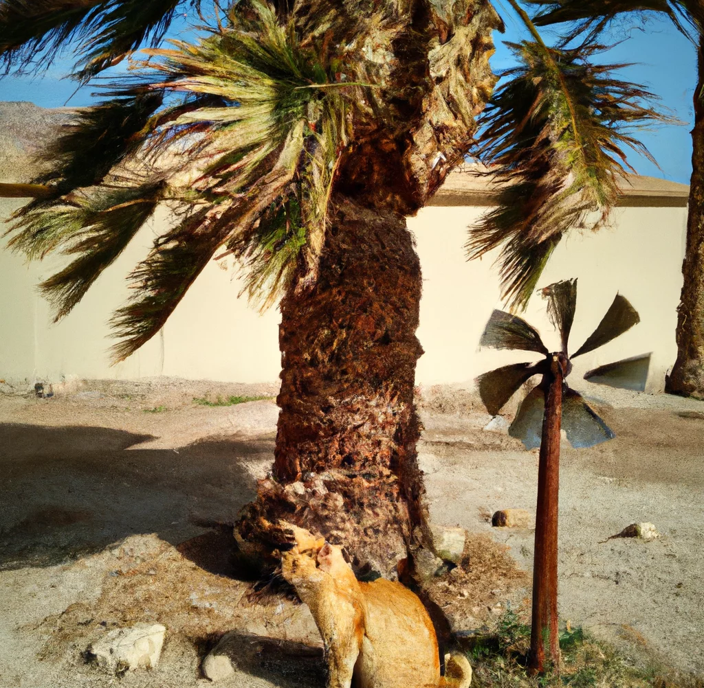 Cat sits near a Windmill Palm