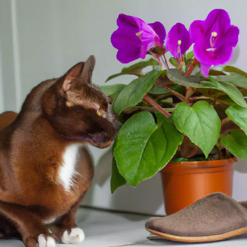 Cat smells Violet Slipper Gloxinia