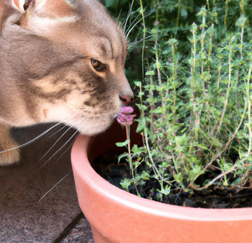 Cat sniffs thyme