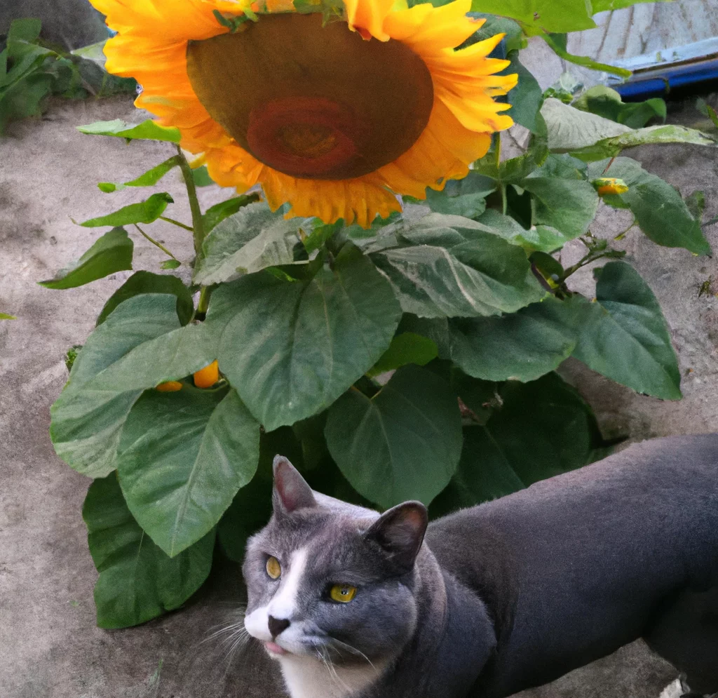 Cat stands near Sunflower