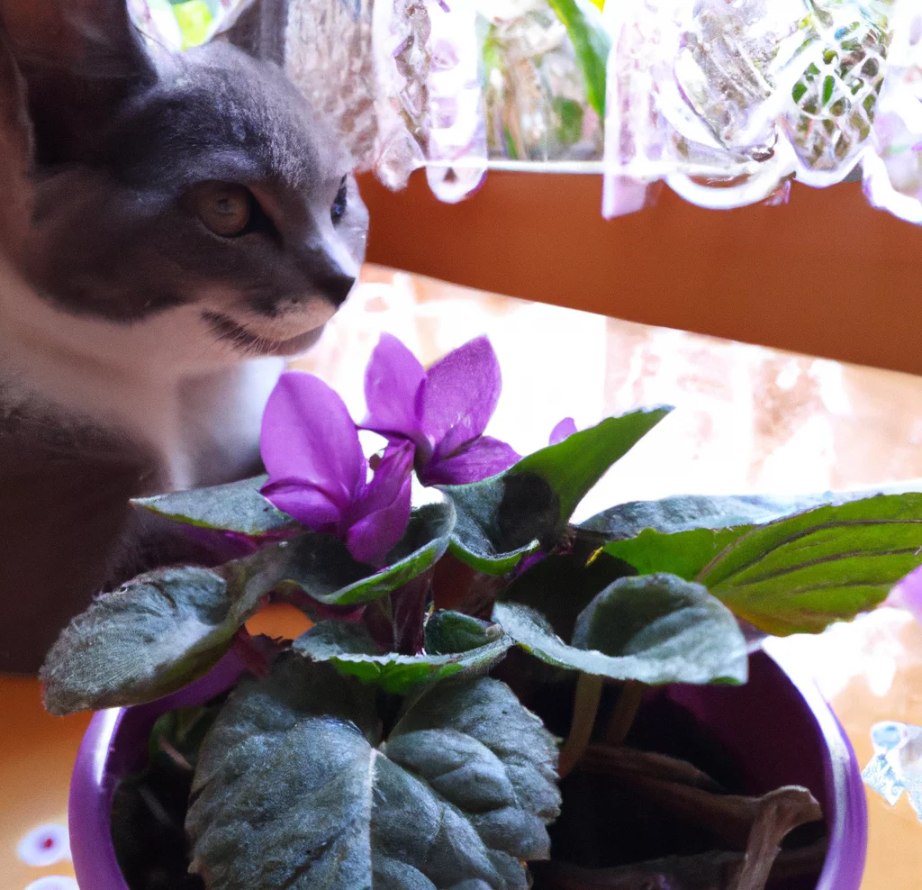Usambara Violet plant with a cat
