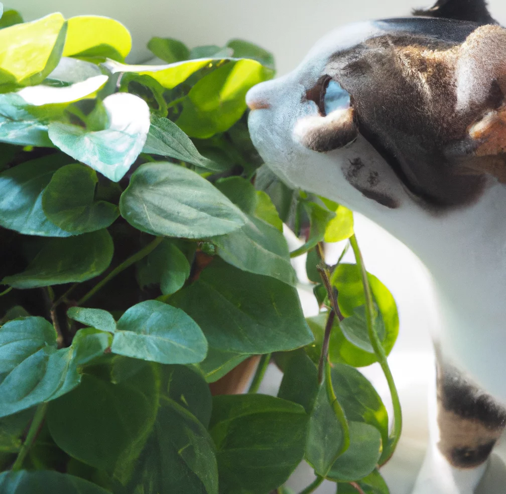 Vining Peperomia plant and a cat