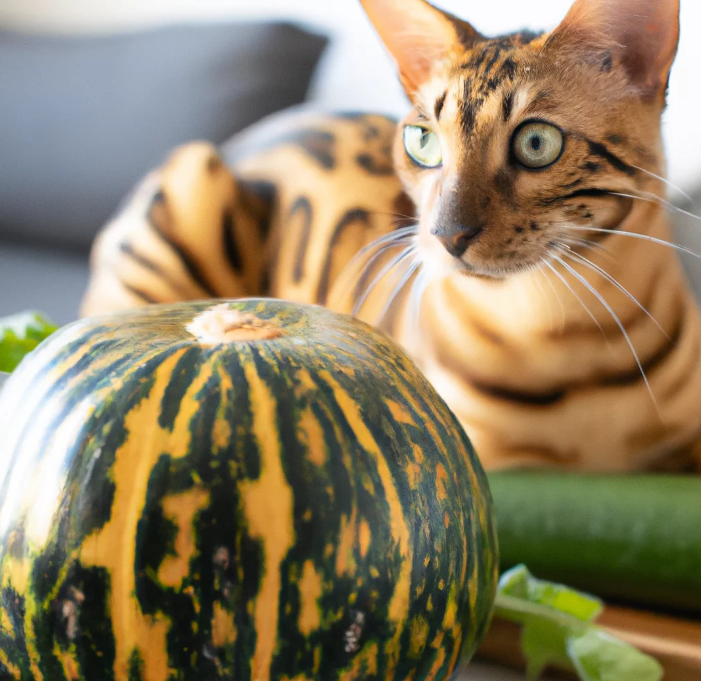 Cat near a Yellow-Flowered Gourd