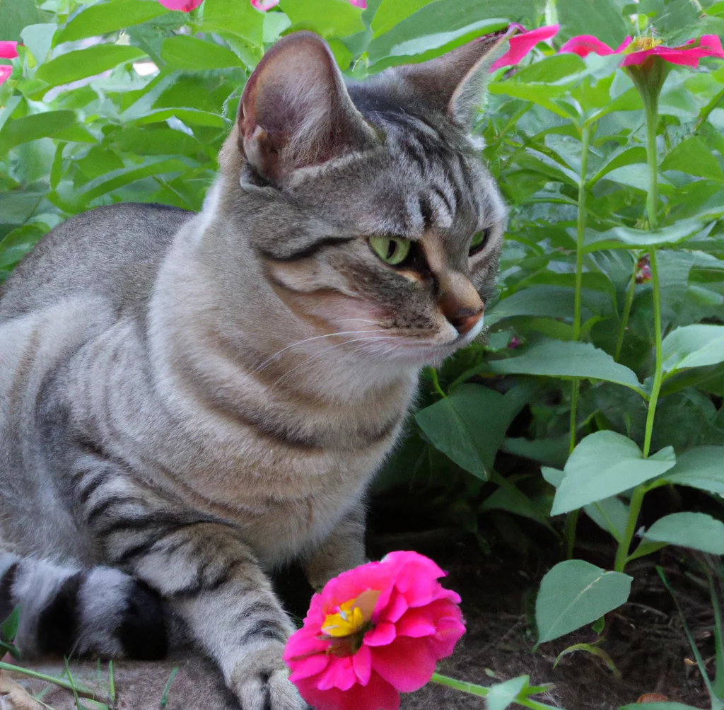 Сat sits near a Zinnia