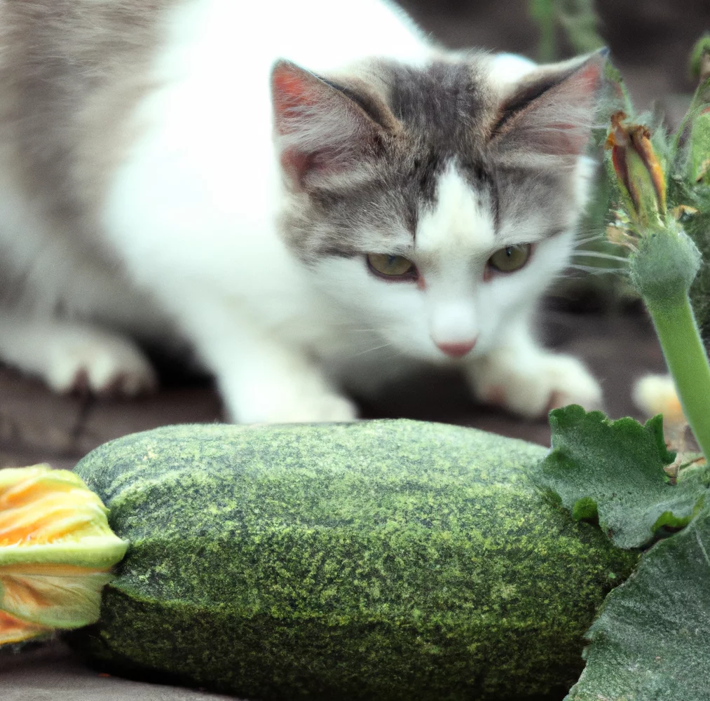 Cat sniffs a Zucchini Squash