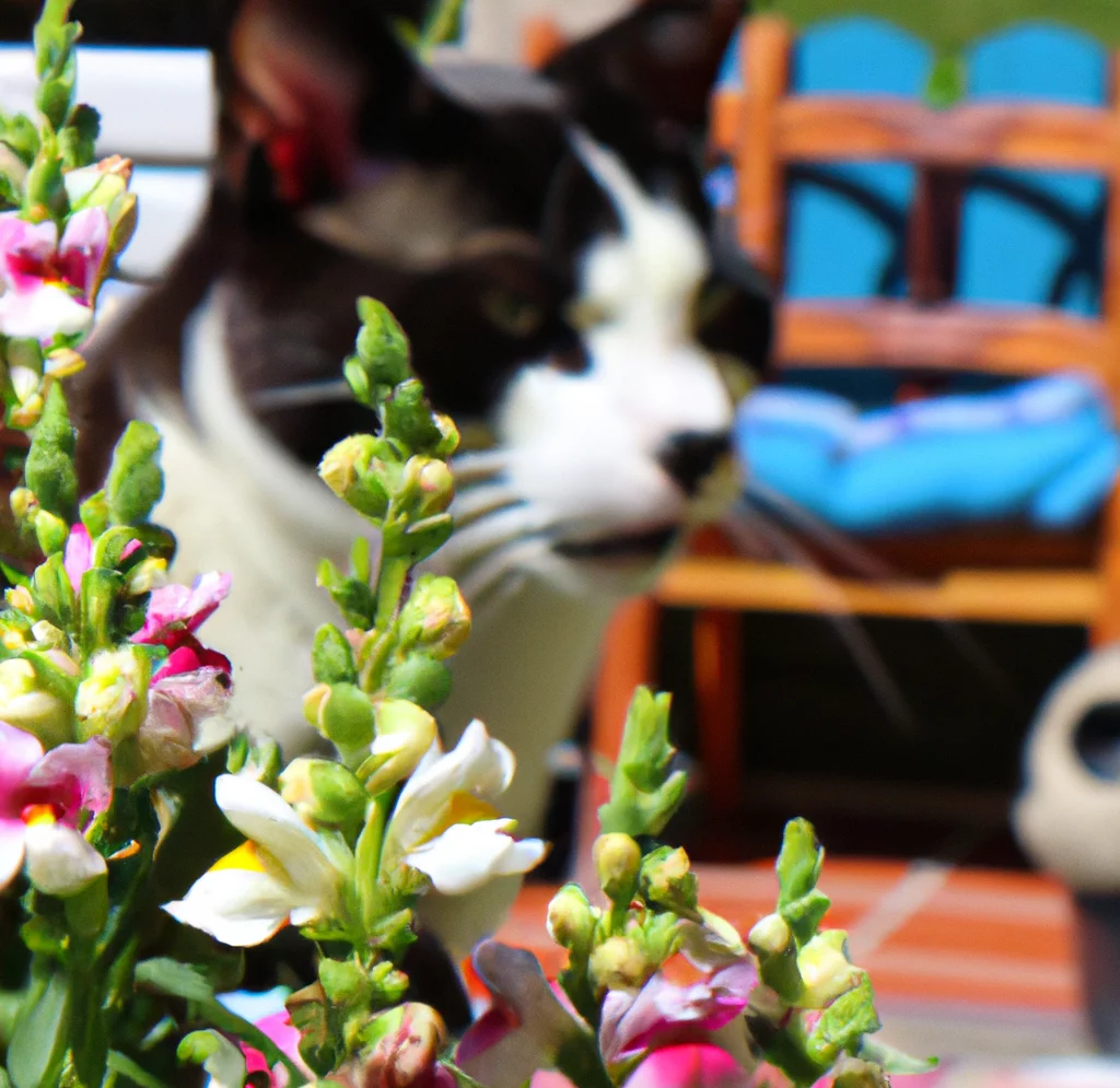 Cat stands behind Common Snapdragon