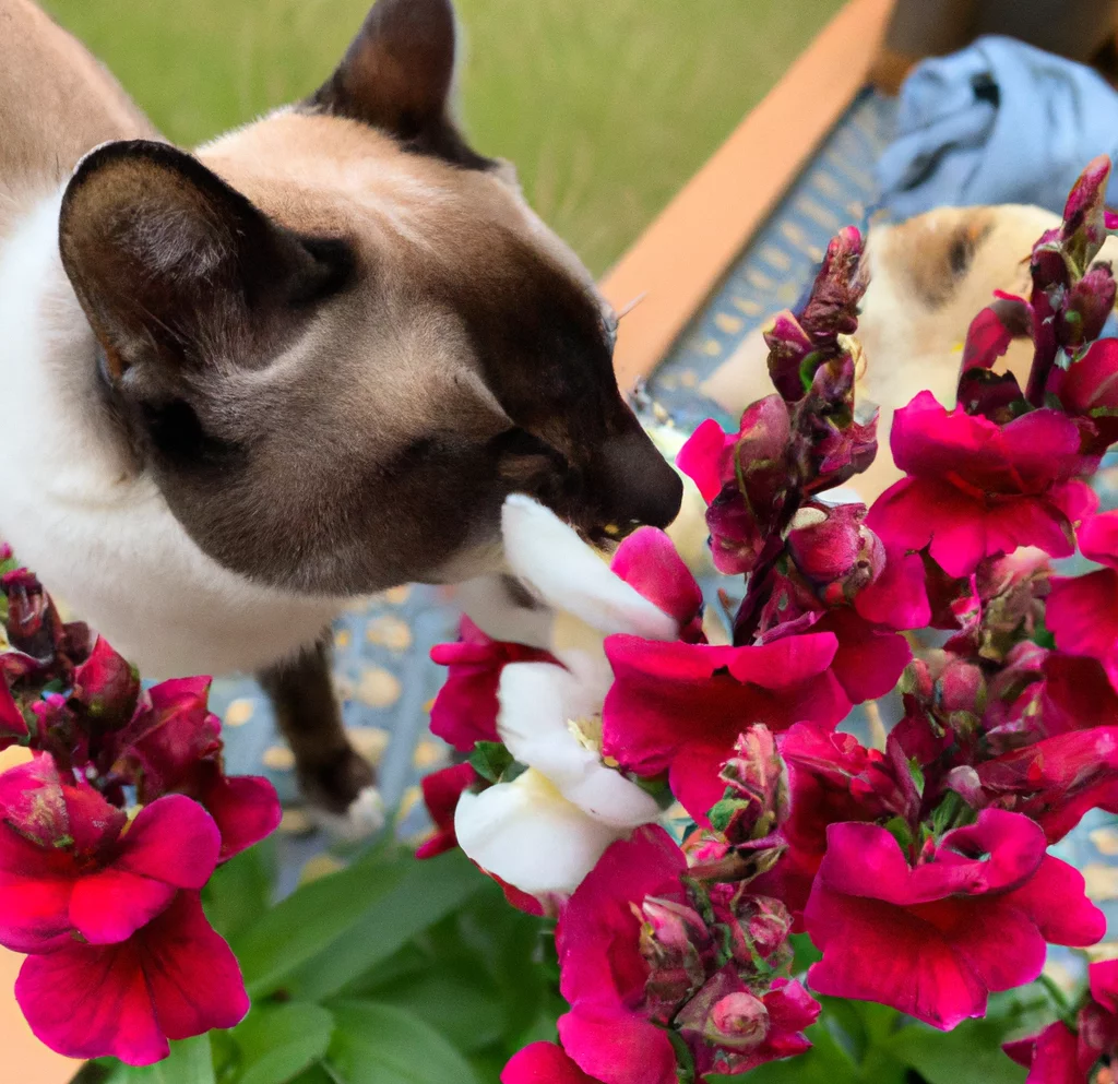 Common Snapdragon flowers with a cat trying to sniff it