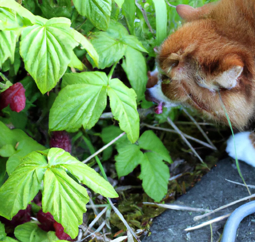 Creeping Raspberry plant with a cat trying to sniff it