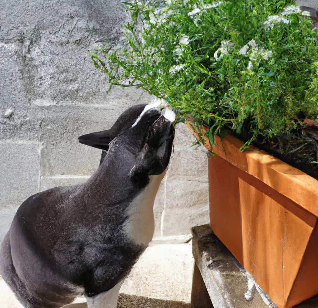 Hoary Alyssum with a cat trying to sniff it