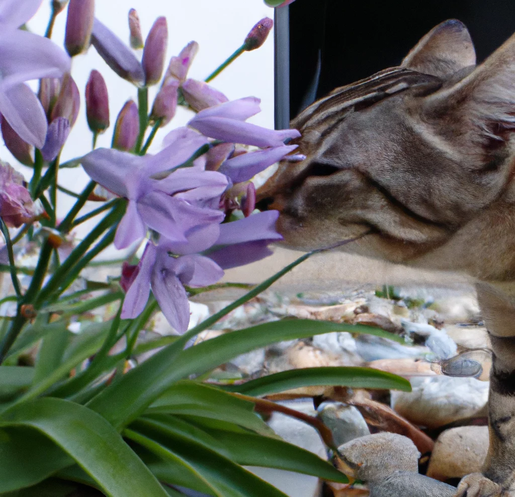 Dichelostemma with a cat trying to sniff it