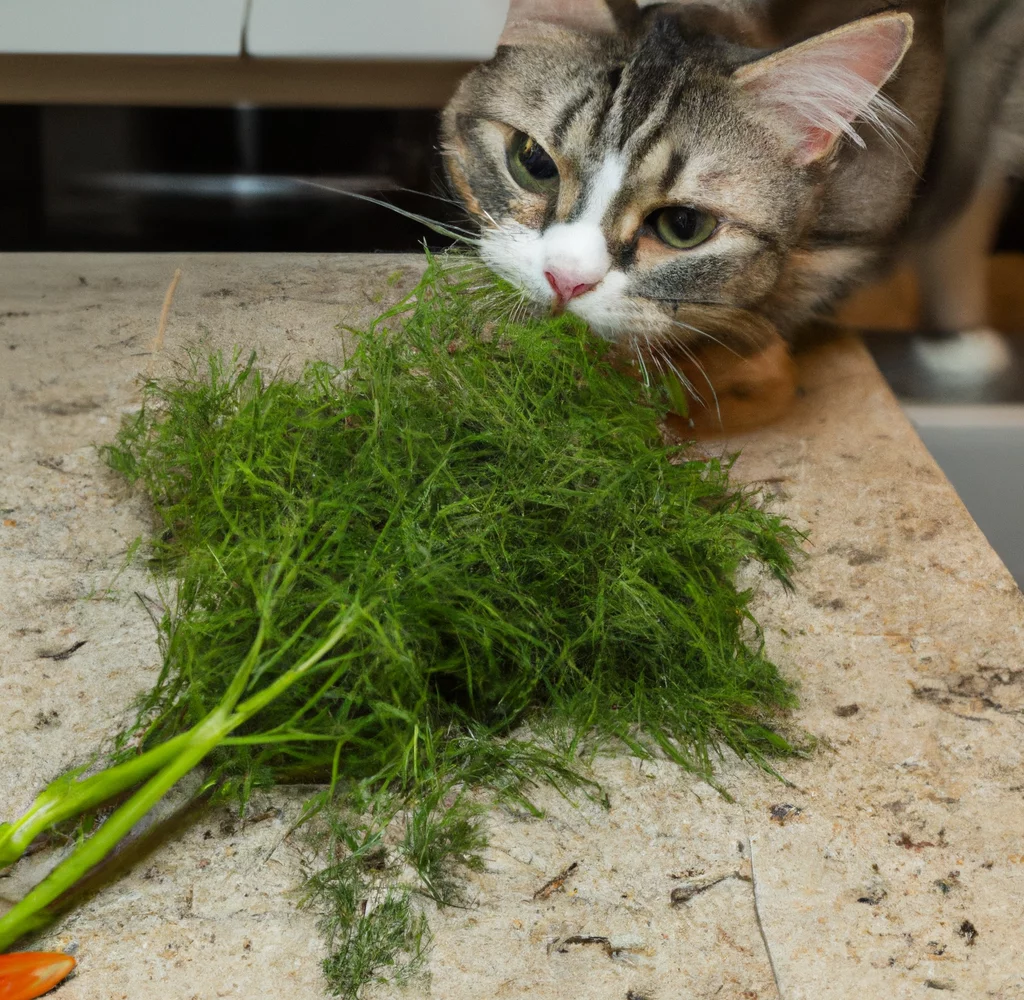Dill in the kitchen with a cat trying to sniff it