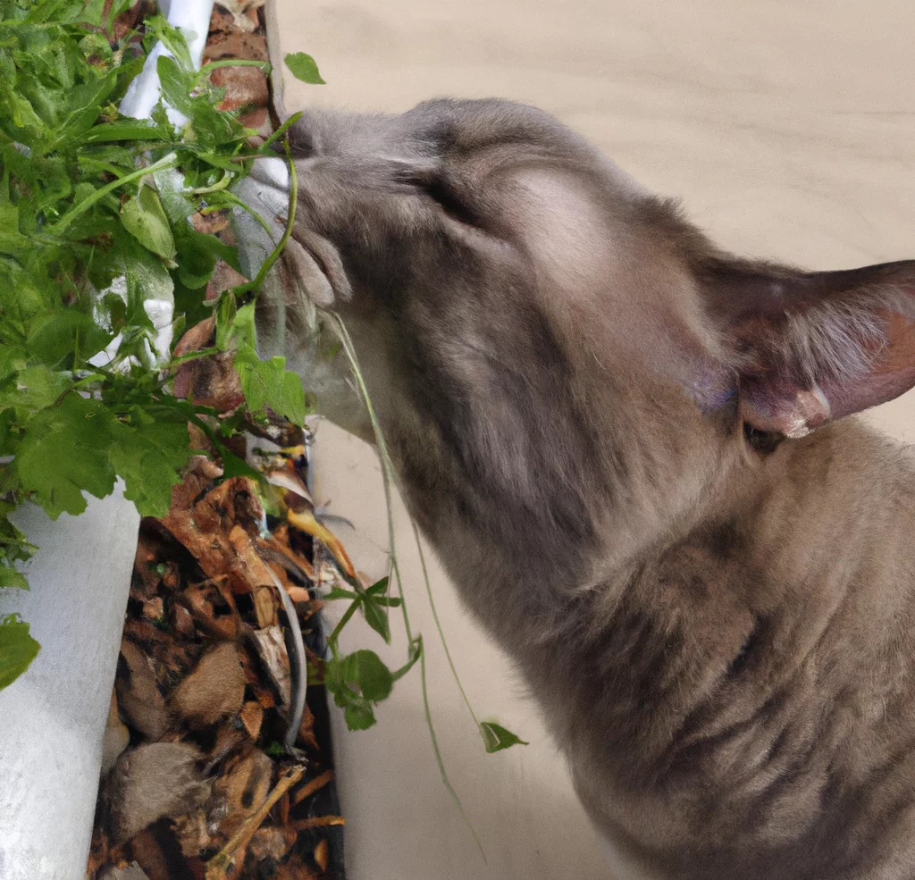 Cilantro with a cat trying to sniff it