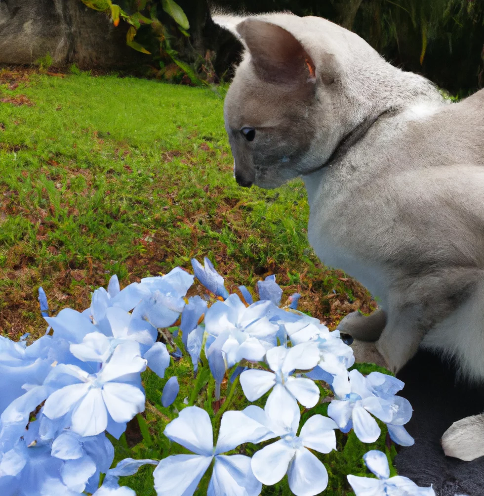 Cat sits near Chinese Plumbago